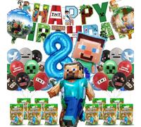 Fizdoqg Gaming Birthday Decorations 8th Happy Birthday Balloons with Banner und Gift Bags Pixel Balloons for Boys Miner Gaming Party Supplies, Party Bag Fillers, Pinata