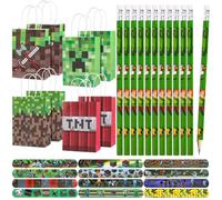 Fizdoqg Miner Video Gaming Party Bag Fillers Set 12 Pieces Gaming Pencils 12 Pieces Party Bags with Handles 12 Pcs Miner Snap Bracelet for Children's Birthday Party Favours Give Away