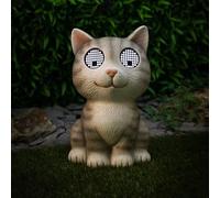 Fizporium Cat Garden Ornament Outdoor With Solar Powered LED Lights - Animated Blinking Eyes With Cool White LEDs and Automatic Light Function - Decorative Polyresin Cat Garden Statue