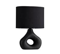 Fizporium Small Donut Ceramic Table Lamp Unique Black Base with Linen Fabric Shade Modern Table Lamp for Desk Living Room Bedroom Hallway Stylish Lighting, Inline Rocker Switch L20xW12xH29cm