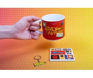 Fizz Creations Coaster and Keyring Gift Set, 430 ml Capacity Mug, Ceramic and Cork Coaster and Back to the Future Metal Logo Keyring, Officially Licensed Back to the Future Merchandise