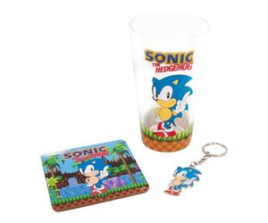 Fizz Creations SonicThe Hedgehog Keyring, Glass and Coaster Gift Set. 3 in 1 Gift Set. 480ml Capacity Drinking Glass. Officially Licensed Sonic The Hedgehog Merchandise