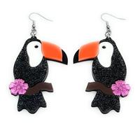FizzyButton Gifts Acrylic Glitter Toucan Charm Drop Earrings with Surgical Steel Ear Wires and Organza Gift Bag