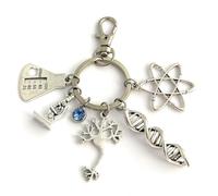 FizzyButton Gifts Biochemistry Keyring Key Ring with Blue Rhinestone and Atom, Microscope, DNA, Flask and Neuron Charms, and Lobster Clasp
