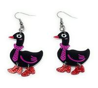 FizzyButton Gifts Black Duck with Red Glitter Shoes Charm Drop Earrings with Surgical Steel Ear Wires and Organza Gift Bag
