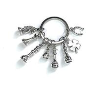 FizzyButton Gifts Chess Player Charm Keyring Key Ring in Gift Bag with Chess Pieces, Horseshoe and Four Leaf Clover Charms