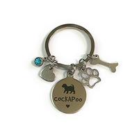 FizzyButton Gifts Cockapoo Puppy Dog Keyring Key Ring with Turquoise Rhinestone and Stainless Steel Bone, Paw and Heart Charms