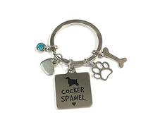FizzyButton Gifts Cocker Spaniel Puppy Dog Keyring Key Ring with Turquoise Rhinestone and Stainless Steel Bone, Paw and Heart Charms