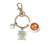 FizzyButton Gifts Coffee Theme Keyring Key Ring with Resin Mug, Coffee is Always a Good Idea, and Heart Charms with Lobster Clasp
