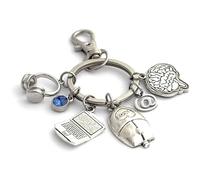 FizzyButton Gifts Computer Science IT Theme Keyring Key Ring with Laptop, Mouse, Headphones, Brain, @ Symbol and Blue Rhinestone Charms with Lobster Clasp