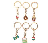 FizzyButton Gifts Dessert Keyring Set of 6 Key Ring with Enamel Charms and Gold Tone Keychains - Doughnut, Sweet, Ice Cream, Popcorn, Cake Slice and Ice Lolly