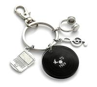 FizzyButton Gifts DJ Theme Keyring Key Ring with Laptop, Treble Clef, Headphones and Resin Record Charms with Lobster Clasp