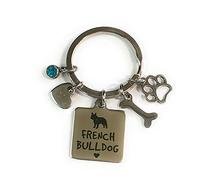 FizzyButton Gifts French Bulldog Puppy Dog Keyring Key Ring with Turquoise Rhinestone and Stainless Steel Bone, Paw and Heart Charms
