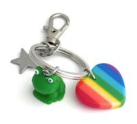 FizzyButton Gifts Gay Frog Keyring Key Ring with Stainless Steel Star, and Resin Frog and Rainbow Heart Charms with Lobster Clasp