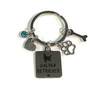 FizzyButton Gifts Golden Retriever Puppy Dog Keyring Key Ring with Turquoise Rhinestone and Stainless Steel Bone, Paw and Heart Charms