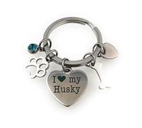 FizzyButton Gifts I Love My Husky Puppy Dog Keyring Key Ring | Turquoise Rhinestone and Stainless Steel Bone, Paw and Heart Charms, Novelty Pet Lover Gift