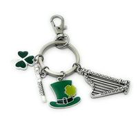 FizzyButton Gifts Irish St Patrick's Day Keyring Key Ring with Shamrock, Leprechaun Top Hat, Flute and Harp Charms and Lobster Clasp