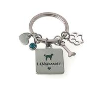 FizzyButton Gifts Labradoodle Puppy Dog Keyring Key Ring with Turquoise Rhinestone and Stainless Steel Bone, Paw and Heart Charms