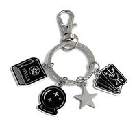 FizzyButton Gifts Magic Occult Keyring Key Ring with Enamel Spell Book, Crystal Ball and Tarot Cards Charms and Stainless Steel Star Charm with Lobster Clasp