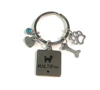 FizzyButton Gifts Maltipoo Puppy Dog Keyring Key Ring with Turquoise Rhinestone and Stainless Steel Bone, Paw and Heart Charms