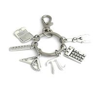 FizzyButton Gifts Maths Mathematician Theme Keyring Key Ring with Laptop, Ruler, Pi, Compass, Calculator and Set Square Charms with Lobster Clasp