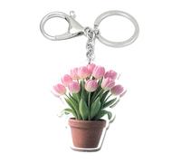 FizzyButton Gifts Pink Tulips Flower Pot Keyring Key Ring and Lobster Clasp with Acrylic Charm