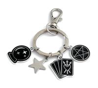 FizzyButton Gifts Psychic Medium Keyring Key Ring with Enamel Pentagram, Crystal Ball and Tarot Cards Charms and Stainless Steel Star Charm with Lobster Clasp