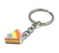 FizzyButton Gifts Rainbow Cake Slice Resin Charm Keyring Key Ring with Silver Tone Keychain