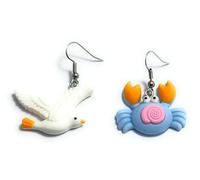 FizzyButton Gifts Resin Mismatched Crab and Seagull Charm Drop Earrings with Surgical Steel Ear Wires and Organza Gift Bag