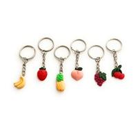 FizzyButton Gifts Set of 6 Fruit Keyrings Key Ring with Resin Charms and Silver Tone Keychains - Bananas, Strawberry, Peach, Pineapple, Cherries and Grapes