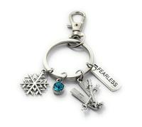FizzyButton Gifts Skiing Skier Keyring Key Ring with Turquoise Rhinestone and Snowflake, Skis and Fearless Charms, and Lobster Clasp
