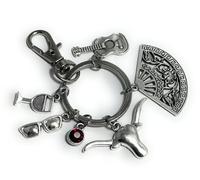 FizzyButton Gifts Spanish Holiday Themed Charm Keyring Key Ring with Fan, Sunglasses, Wine Glass, Bull's Horns, Guitar and Red Rhinestone Charms with Lobster Clasp