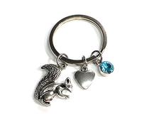 FizzyButton Gifts Squirrel Keyring Key Ring with Turquoise Rhinestone and Heart Charm