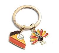 FizzyButton Gifts Thanksgiving Keyring Key Ring with Gold Tone Enamel Turkey and Pumpkin Pie Charms