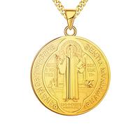 FJ 18ct Gold Plated St Benedict Necklace 925 Sterling Silver Saint Benedict Pendant Necklace NR Cross Protection Pendant Round Coin Antiqued Religious Protector Talisman Jewellery for Men Women