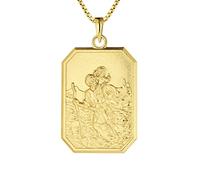 FJ 18ct Gold Plated St Christopher Necklace 925 Sterling Silver for Men Women Saint Christopher Pendant Necklace with 20 Inch Chain (Square)
