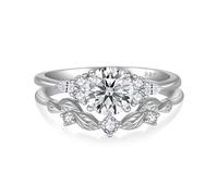 FJ 1CT Moissanite Engagement Ring Set 925 Sterling Silver 18K White Gold Plated Promise Anniversary Wedding Ring Leaf Nature Inspired Jewellery for Women, D Color VVS1, Size L
