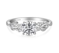 FJ 1CT Moissanite Ring 925 Sterling Silver Engagement Promise Anniversary Wedding Ring Leaf Nature Inspired Jewellery for Women, D Color VVS1, Size L