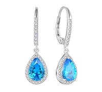 FJ Aquamarine Earrings 925 Sterling Silver Teardrop Dangle Drop Earrings March Birthstone Jewellery for Women