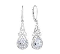 FJ Celtic Knot Earrings 925 Sterling Silver Irish Infinity Teardrop Dangle Earrings Cubic Zirconia April Birthstone Jewellery for Women
