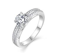 FJ Engagement Ring for Women 925 Sterling Silver Promise Ring Wedding Proposal Ring Eternity Anniversary Ring for Her 18K White Gold Plated with Cubic Zirconia (Size R)