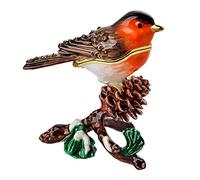 FJ FENGZHIJIE Golden Crystal Enameled Robin Jewelry Box, Hand-Painted Hinged European Robin Trinket Box, Elegant Home Décor & Unique Gift for Bird Lovers