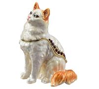 FJ FENGZHIJIE White Cat Trinket Box with Golden Crystal Enamel Design, Jeweled Enameled Figurine, Charming Cat Home Décor & Thoughtful Gifts