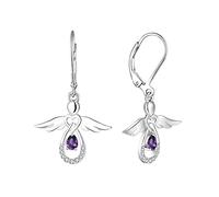 FJ Guardian Angel Earrings 925 Sterling Silver Leverback Dangle Drop Earrings Amethyst February Birthstone Jewellery for Women