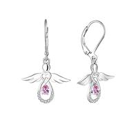 FJ Guardian Angel Earrings 925 Sterling Silver Leverback Dangle Drop Earrings Pink Tourmaline October Birthstone Jewellery for Women