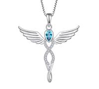 FJ Guardian Angel Necklace 925 Sterling Silver Infinity Angel Wings Pendant Aquamarine Necklace March Birthstone Jewellery for Women
