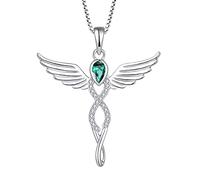 FJ Guardian Angel Necklace 925 Sterling Silver Infinity Angel Wings Pendant Emerald Necklace May Birthstone Jewellery for Women
