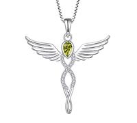 FJ Guardian Angel Necklace 925 Sterling Silver Infinity Angel Wings Pendant Peridot Necklace August Birthstone Jewellery for Women