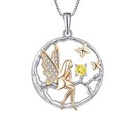 FJ Guardian Angel Pendant Necklace 925 Sterling Silver Tree of Life Necklace Butterfly Fairy Necklace with November Birthstone Citrine Jewellery Gifts for Women Girls