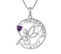 FJ Guardian Angel Tree of Life Sterling Silver Pendant Necklace with Amethyst Birthstone for Women Girls
